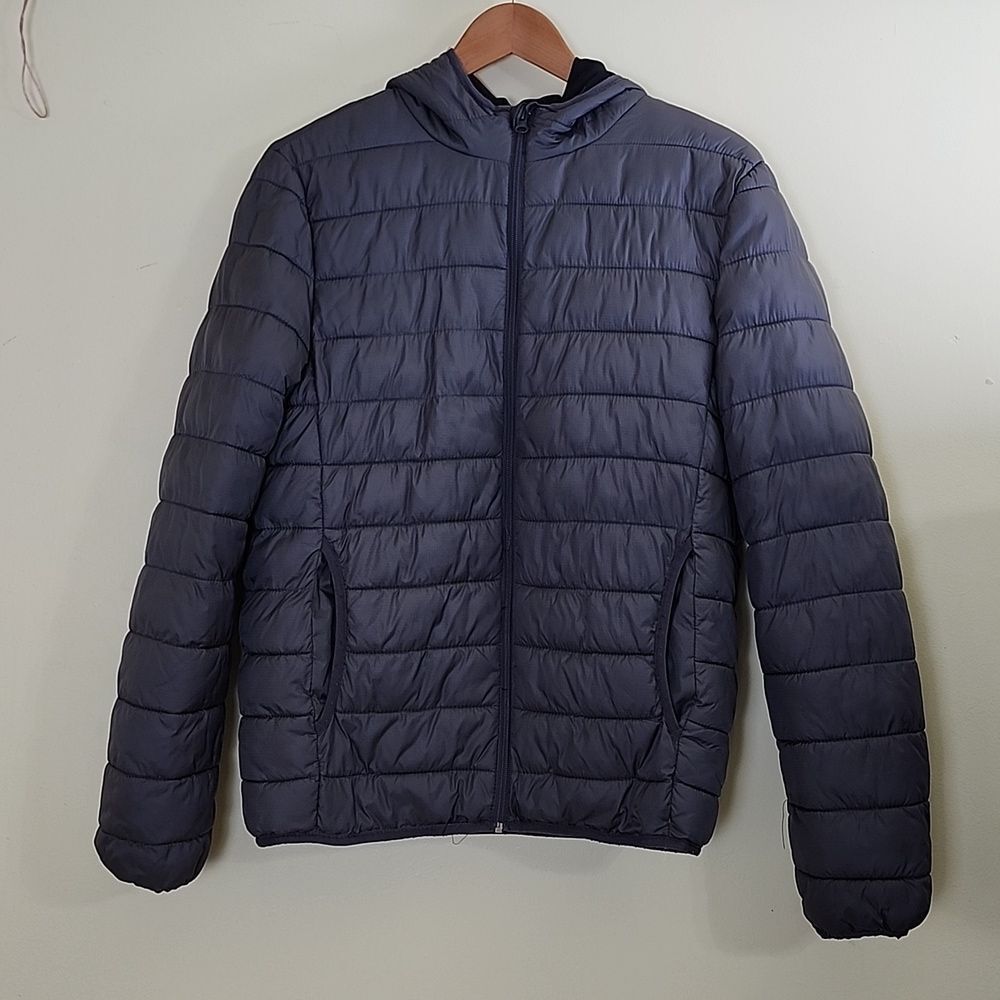 Primark Boy's Gray Puffer Ultra Lightweight Jacket, Zippered Coat w/Hood, Medium